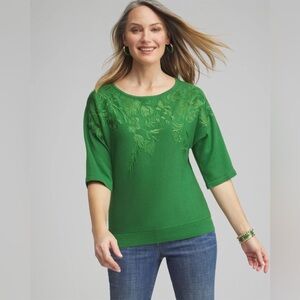 NWT Chico's Vibrant Green Embroidered Dolman Pullover Sweater Top Size 1/M